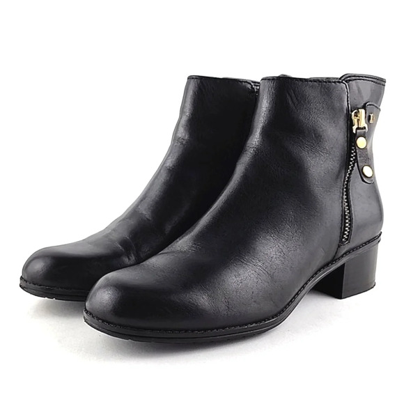 Bandolino Carrington Black Leather Ankle Boots Block Heel Gold Accents Size 6.5M - Picture 4 of 16